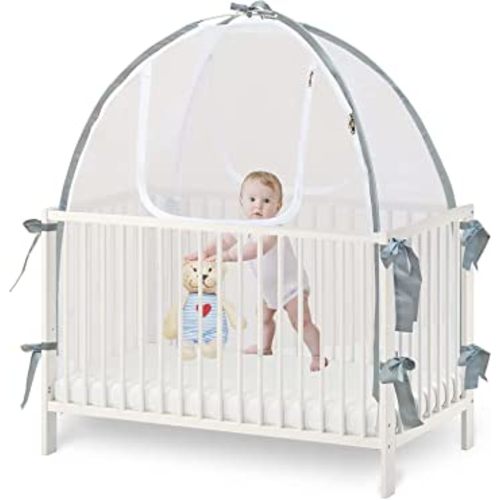 Baby Crib Tent Safety Net, Durable Strong Self-Locking Zippers, Protects from Climbing Out and, Insects, Mosquitoes, Installs with Rods (Crib 52.25" - 28.25")