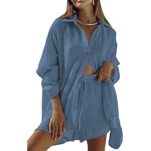 Fixmatti Women 2 Piece Outfits Long Sleeve Button Down Blouse and Shorts Sweatsuit Sets