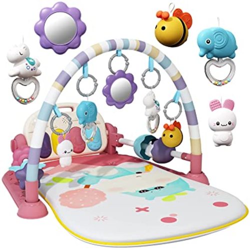 Baby Gym with Musical Piano,Baby Play Mat Tummy Time Baby Activity Gym Mat with 5 Infant Learning Sensory for Baby, Music and Lights Boy or Girl for Newborn（Pink）