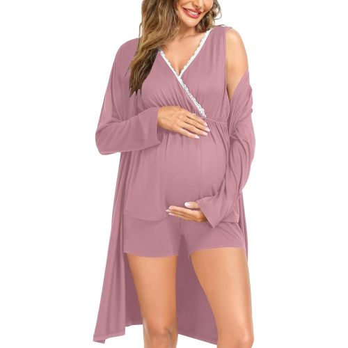 SWOMOG Maternity Nursing Robe Set 3 Piece Postpartum Breastfeeding Pajamas 3 in 1 Hospital Labor Delivery Pregnancy Pjs