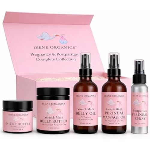 Irene Organics Belly Bundle โ 5 Piece Pregnancy Skincare Gift Set with Organic Belly Butter & Natural Body Oil for Stretch Marks (5 piece set)