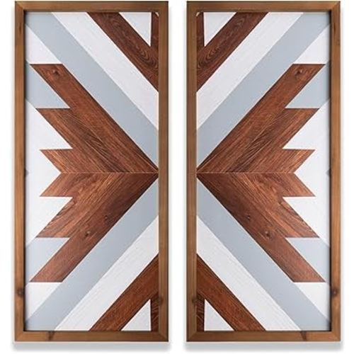 2Pcs Aztec Wood Wall Decor Southwest Nursery Kitchen Boho Cyan Black Wall Art Modern Vintage Geometric Farmhouse Rectangle Framed Hanging Signs Living Room Bathroom Decor