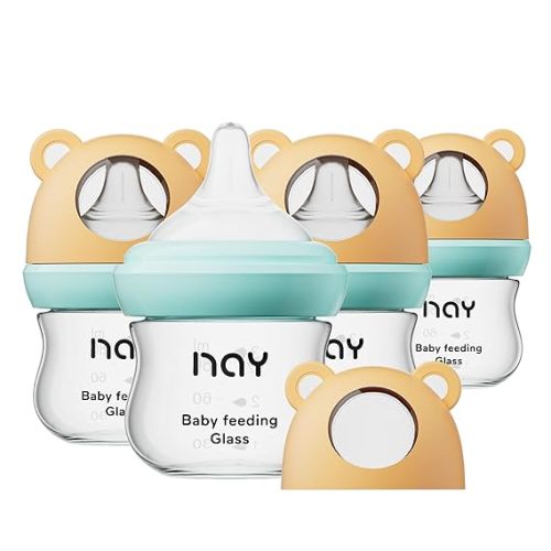 yanyoyo Natural Glass Baby Bottle for Breastfeeding Babies, 3oz Newborn Anti-Colic Baby Bottle with Slow Flow Nipples (SS), Clear, Wide Neck, 4 Pack, 0 Months+