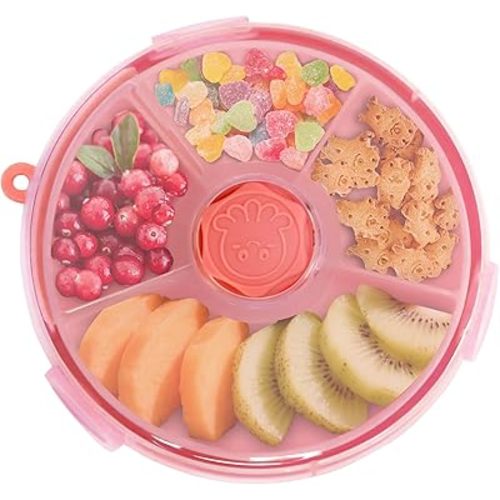KingKam Kids Snack Spinner Containers, Reusable Toddler Spin Snack Container Box with 4 Compartments & Lid for Travel On-The-Go Snacking, BPA Free | No Spill | Dishwasher Safe | Strap and Sticker