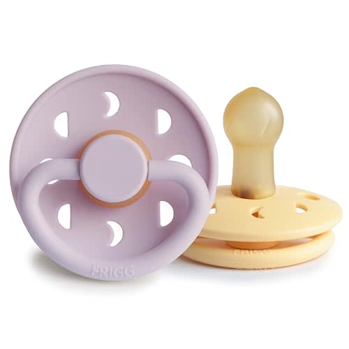 FRIGG Moon Natural Rubber Baby Pacifier | Made in Denmark | BPA-Free (Soft Lilac/Daffodil, 0-6 Months) 2-Pack