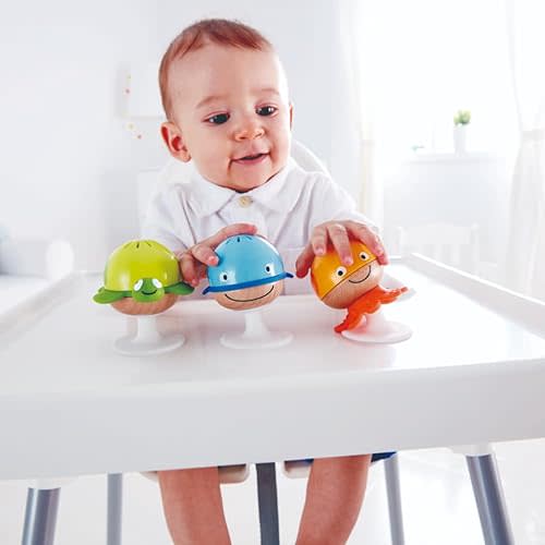 Hape Put-Stay Rattle Set | Three Sea Animal Suction Rattle Toys, Baby Educational Toy Set