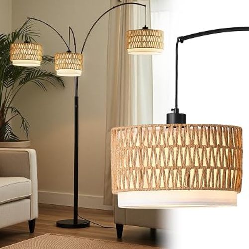 3-Light Arc Rattan Floor Lamp for Living Room,80'' Boho Tree Lamp