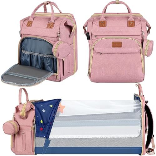 ZRSUN Diaper Bag Backpack with Portable Station & USB Port, Large Capacity Travel Baby Bag with Changing Pad, Waterproof Multi-Function Maternity Backpack for Mom & Dad (Pink)