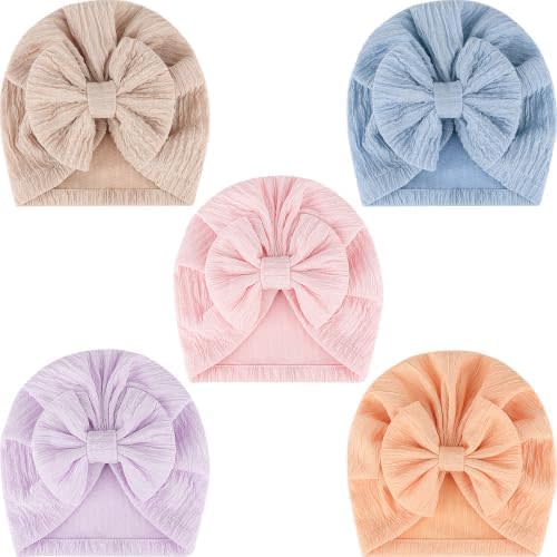 DRESHOW BQUBO 5 Pieces Newborn Baby Turban Hats Bow Baby Infant Beanie Breathable Toddler Cap for Baby Girls