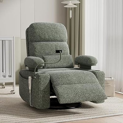 MAMAZING Oversized Electric Nursery Rocking Chair with Adjustable Armrests, Power Recliner Glider Nursing Chair for Breastfeeding, USB & Type-C Ports, Phone Holder, Oeko-TEX & FSC Certified(Green)
