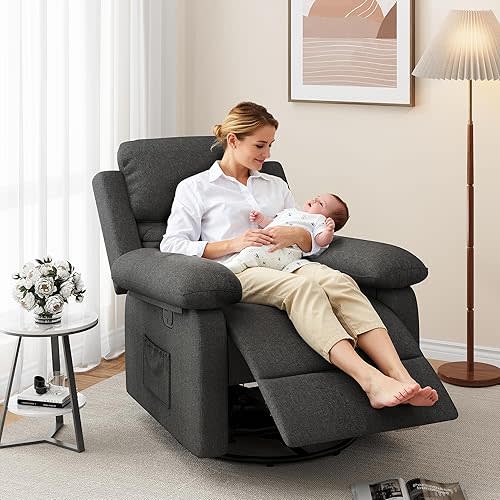 Glider Recliner Chair for Adult Indoor Upholstered Baby Nursery Chair Rocking Chair 360° Swivel with Side Pockets for Nursery and Living Room Bedroom(Black)