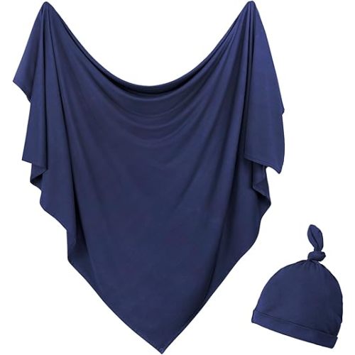 OWLOWLA Newborn Swaddle Set Stretch Wrap Swaddle Receiving Blanket for Baby Boy Girl(Navy Blue)