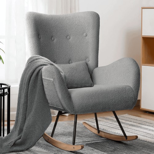 Waleaf Teddy Upholstered Rocking Chair with Headrest, High Backrest, and Side Pocket, Dark Grey
