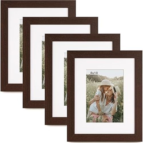 8x10 Picture Frame with Mat for 5x7 Set of 4, Walnut Wood Grain 8 x 10 Dark Brown Gallery Wall Picture Frames for Tabletop or Wall Mounting(4 Pack, Walnut)