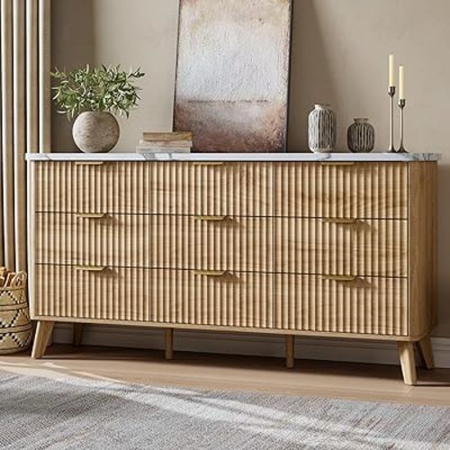 Fluted Dresser for Bedroom with 9 Deep Drawers, 60.6" Wide Modern Chest of Drawer with Faux Marble Top, Wooden Dresser TV Stand, Curved Profile Design, for Living Room, Kids Room, Hallway, Natural Oak