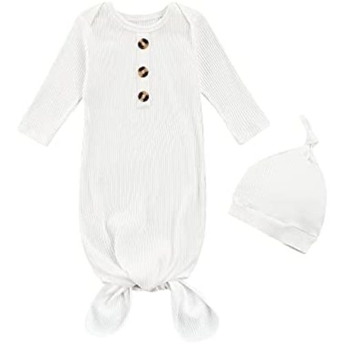 Newborn Baby Boy Girl Knotted Gowns Long Sleeve Printed Sleeping Bag Coming Home Outfit Nightgown Pajamas Hat Set