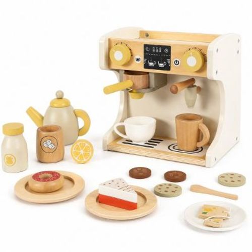 Freniland Wooden Kids Coffee Maker Toy,22‑Piece Pretend Café Playset with Cups, Tea Pot, Milk, Desserts & Accessories, Kitchen Toy for Toddlers