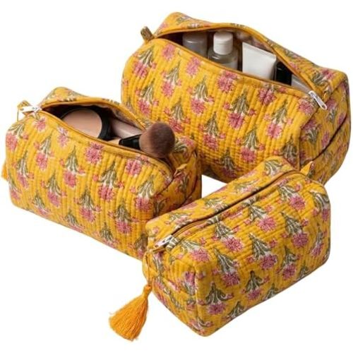 ATOSII Set of 3 100% Cotton Handblock Print Quilted Toiletry Cosmetic Makeup Travel Bag for Women, Waterproof Inner Lining, Jewelry Essentials Storage Case, Toiletries Pouch Purse, Sol