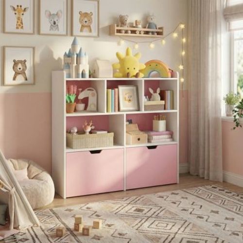 Toy Storage Organizer with Rolling Drawers, Kids Bookshelf with Hidden Wheels and 5 Open Cubbies for Playroom