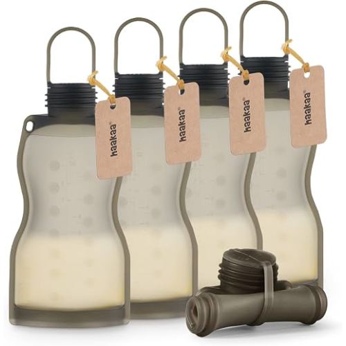 haakaa Silicone Breast Milk Storage Bags, Reusable Leakproof Milk Freezer Bags for Breastfeeding, 9oz/260ml Breastmilk Storage Containers, BPA Free, Dishwasher Safe, 5 Count, Grey