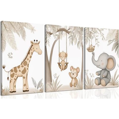 3Pcs Woodland Animal Nursery Canvas Wall Art Neutral Safari Animal Jungle Paintings Pictures Wall Decor Giraff Monkey Elephants Watercolor Poster Printing Artwork for kids room Home Decoration
