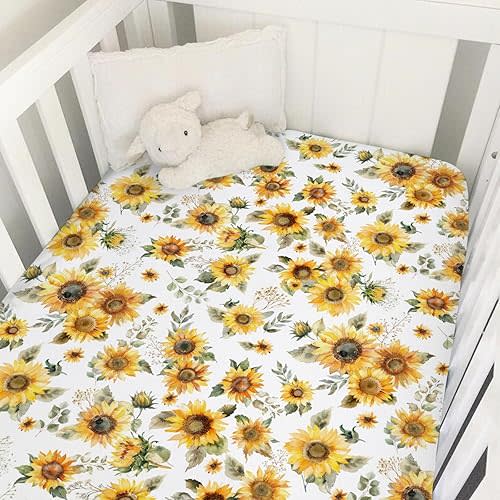 Watercolor Yellow Sunflowers Baby Crib Sheet 52''x28'' Boho Sunflowers Leaves Stretchy Fitted Crib Mattress Covers for Boy Girl Summer Wild Floral Soft Baby Sheets for Standard Crib Toddler Mattress