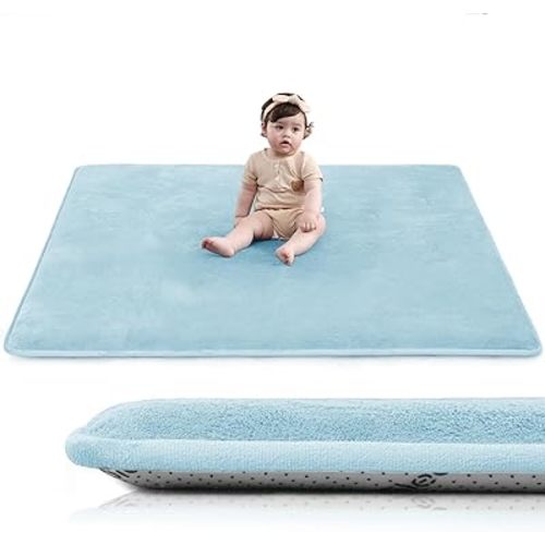 Huloo Sleep Baby Play Mat for Floor,1.3" Thick Elasti-Foam 50"×50" Playpen Mat for Tummy Time,Water Repellent Soft Coral Velvet for Toddler,Infant,Kids,Non-Slip Backing Safe for Crawling(Light Blue)