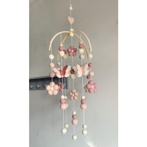 Blush Pink Daisy Butterfly Baby Mobile: Arched Bamboo Nursery Decor