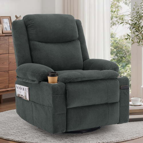 Korser 360°Swivel Rocker Recliner for Adults with Massage & Heat,Nursery Glider Recliner with Cup Holders Manual Recliner Chair with Side Pockets for Living Room,Grey