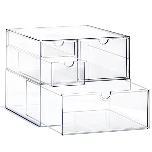 Prsildan Acrylic Drawer Makeup Organizer with 4 Drawers | Clear, Baby Bottle Storage, For Vanity Countertop Bathroom Cosmetic Office Desk, Craft Jewelry Art Supply Organization