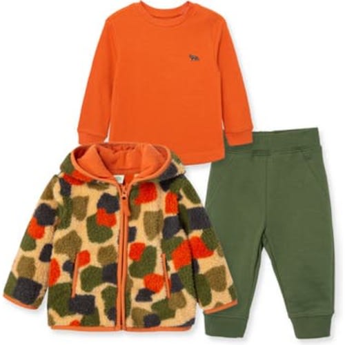 Camo Faux Shearling Jacket, T-Shirt & Pants Set