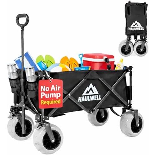 Beach Wagon for Sand with Big Wheels | All Terrain Folding Utility Cart | Collapsible Heavy Duty Wagon Cart for Kids, Beach and Camping | Haulwell (Black)