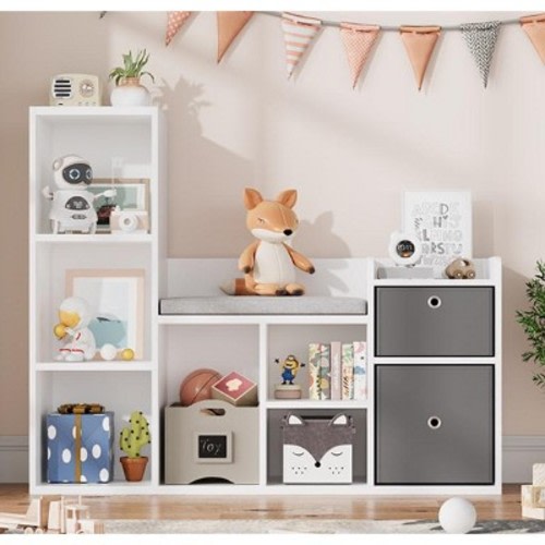 Kids Bookshelf Width Toy Storage Organizer with Reading Nook for Kids Room, Playroom, Nursery White Bookcase Seat Cushion