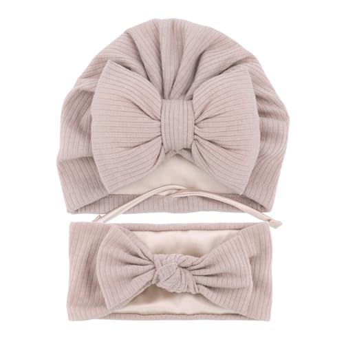 Jomila Bundle of Bonnet and Headband for Baby Newborn Silk Satin Lined Beanie Toddler Infant Girls Adjustable Hat 0-6 Months