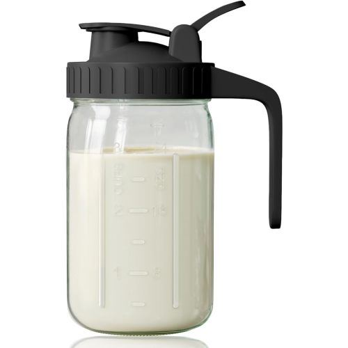 Breast Milk Pitcher, Mason Jar 32 oz, Wide Mouth Jar with Green Flip Cap Lid and Pour Spout, Heavy Duty Airtight Seal for Freshness and Convenience, Great for Cold Beverages and Home Entertaining