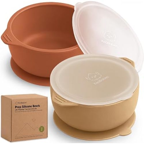 KeaBabies 2-Pack Baby Bowls with Suctions, Lids, Silicone (Terracotta)