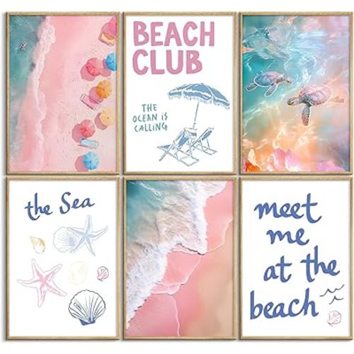 6Pcs Pink Blue Coastal Beach Wall Art Coastal Granddaughter Paintings Pictures Wall Decor Ocean Preppy Room Beach Aesthetic Posters Prints Artwork for Teen Girls Dorm Home Decoration(8x10 in Poster)