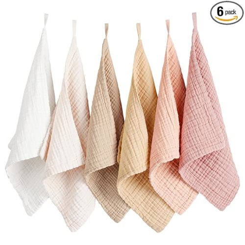 Konssy 6 Pack Baby Muslin Washcloths for Unisex 100% Cotton Wash Cloth Set for Baby Face Body Comfy and Soft for Newborn Infants Kids Girls and Boys