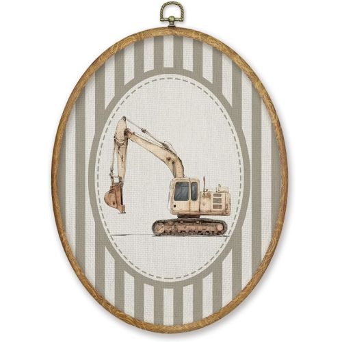 CGBHW Excavator Nursery Oval Wall Art Decor Products, Kids Canvas Prints Framed, Neutral Striped Excavator Vehicle Wall Art Hanging Decor for Home Kids Boy Nursery Room Bedroom Playroom, 8.6x11.4 Inch
