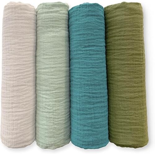 SwaddleDesigns Cotton Muslin Swaddle Blankets for Baby Boy & Baby Girl, Set of 4, Neutral Receiving Blankets for Newborn, Baby Registry & Gift, 46x46 inches, Oceana