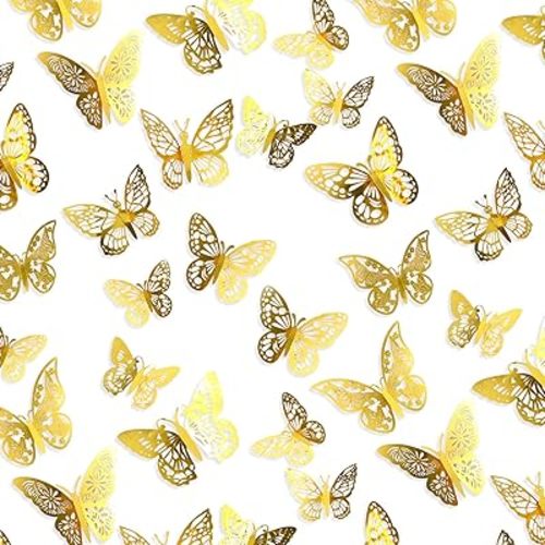 144 PCS Gold 3D Butterfly Wall Decor, 6 Styles 3 Sizes Butterfly Decorations Butterflys Cake Toppers Cake Decorations Removable Stickers, Butterflies Wall Sticker for Party Crafts Bouquet Cakes Decor