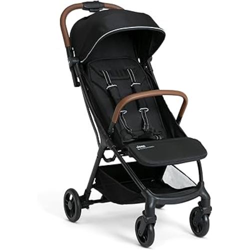 Jeep Altitude Compact Travel Stroller by Delta Children Greenguard Gold, Easy One Hand Fold, Lightweight, Extendable Canopy with Peek-a-Boo Window, Reclining Seat, 4 Wheel Suspension, Black