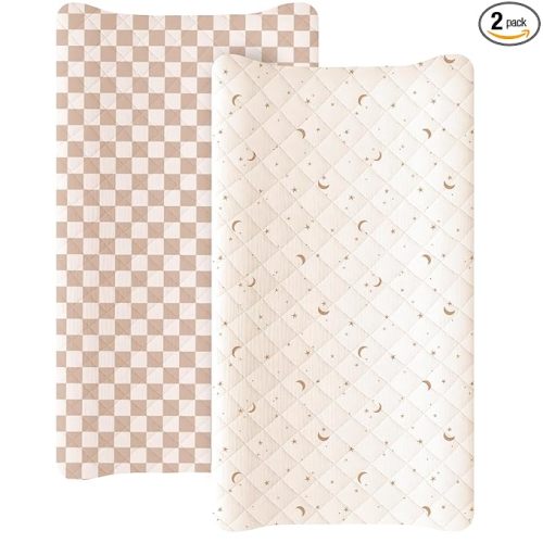 Konssy Waterproof Muslin Changing Pad Cover 2 Pack, Quilted Cotton Fitted Diaper Changing Table Cover, Soft Changing Pad Sheets for Girls Boys (Coffee Check,Moon)
