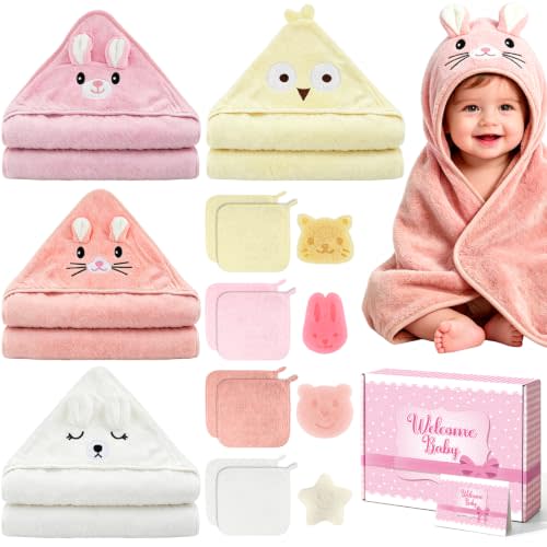 16 PCS Baby Bath Towels for Infants Toddlers, Absorbent Hooded Baby Towels | Wash and Dry Easily, Soft and Comfortable Baby Towels, Cute Animal Hooded, Newborn Gifts for Boys & Girls, 31x31 Inch
