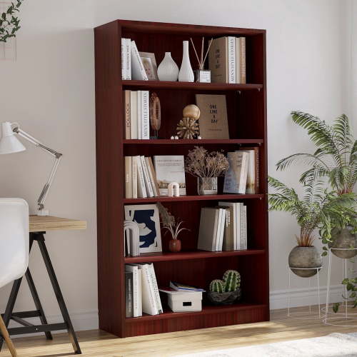 Farini 5 Tiers Bookcase, Wooden Bookcase with Adjustable Shelves for Home, Office, Cherry