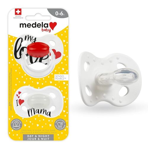 Medela Baby Pacifier | Day and Night Glow in The Dark | 0-6 Months | 2-Pack, Lightweight | BPA-Free | Supports Natural Suckling | My Love and I Love Mama