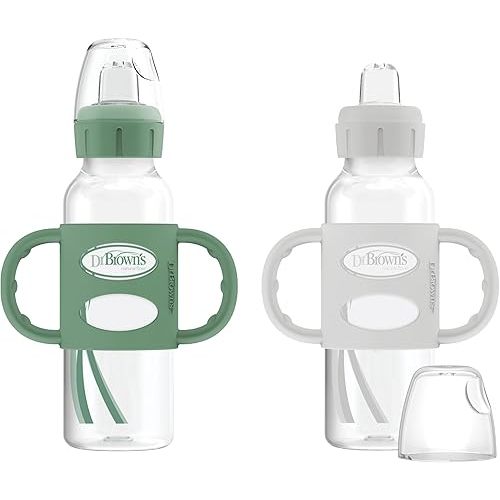 Dr. Brown's Milestones Narrow Sippy Spout Bottle with 100% Silicone Handles, Easy-Grip Handles with Soft Sippy Spout, 8oz/250mL, Green & Gray, 2-Pack, 6m+