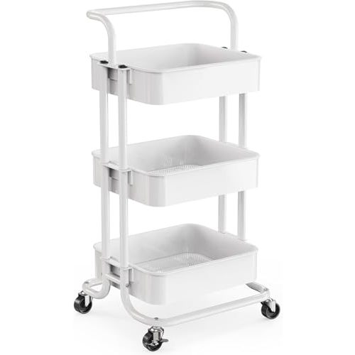 Pipishell 3 Tier Mesh Utility Cart, Rolling Metal Organization Cart with Handle and Lockable Wheels, Multifunctional Storage Shelves for Kitchen Living Room Office White