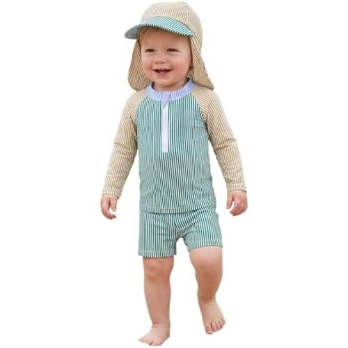 Hnyenmcko Toddler Baby Boys Swim Set Long Sleeve Rashguard Swimsuit Shirt Trunks Infant Bathing Suit Swimwear with Hat