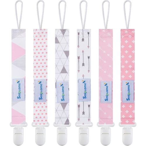 Smlpuame Pacifier Clip Girl,6 Pack Stylish Binky Clips Strap for Baby Girls,Paci Holder with Clip Lightweight Universal Fits Most Pacifiers Teether Toy Teething Ring Soothie,Baby Gifts(Pink & Grey)